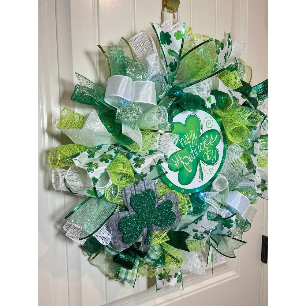Handmade Happy St. Patrick’s Day Ribbon Prelit Wreath 22 ins LED W11